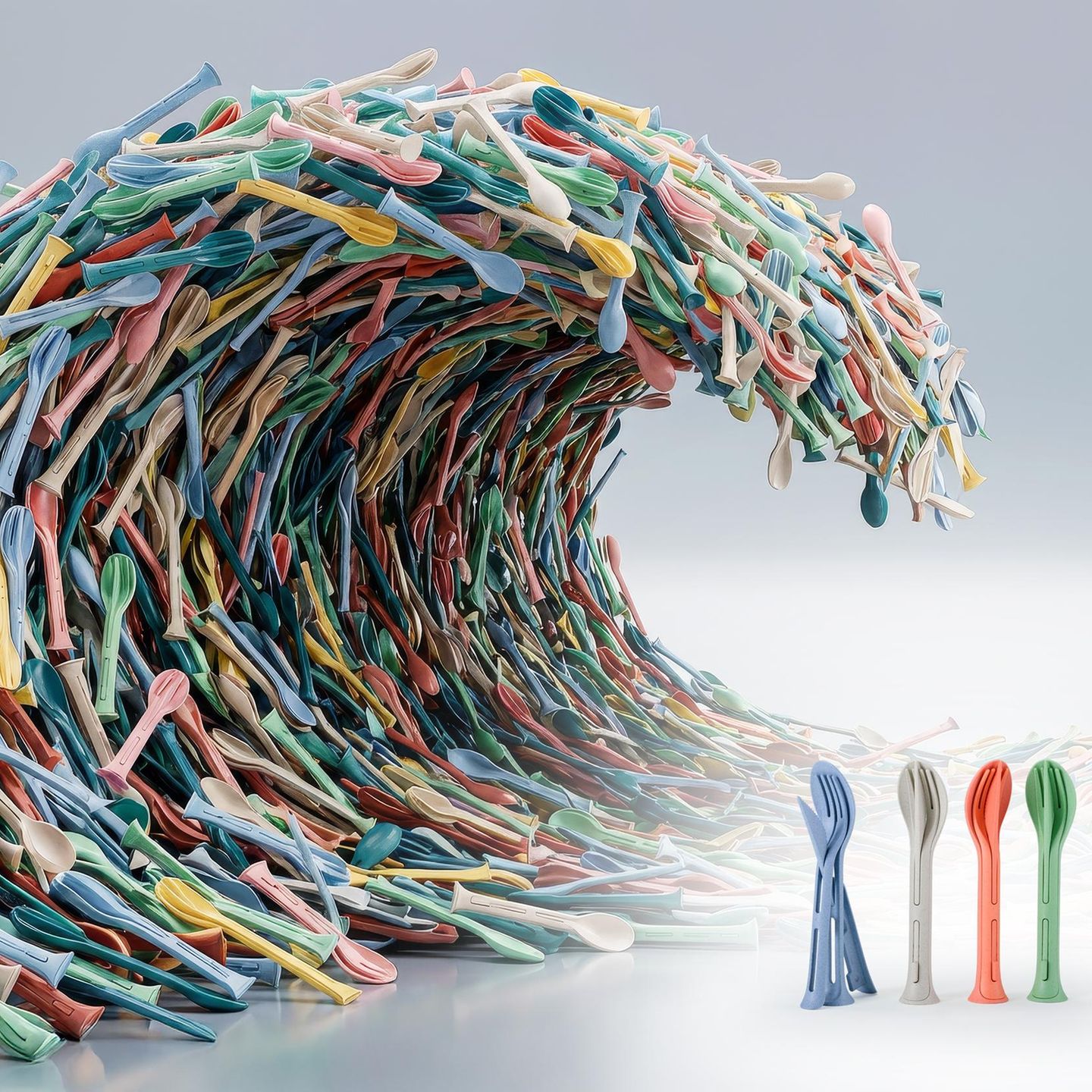 Mit einer ganzen Flut an Plagiaten sind die "Klikk"-Bestecksets der südhessischen Firma Koziol (vorne rechts) konfrontiert. Trotz Designschutz bieten verschiedene chinesische Hersteller die Billig-Nachahmungen immer wieder auf Plattformen wie Alibaba an. Die Plattform löscht zwar einzelne illegale Angebote auf Hinweis – doch ständig ploppen neue auf. Aus den Fotos der gefälschten Produkte ließ die Aktion Plagiarius von einer Bild-KI diese bedrohliche Welle erstellen.