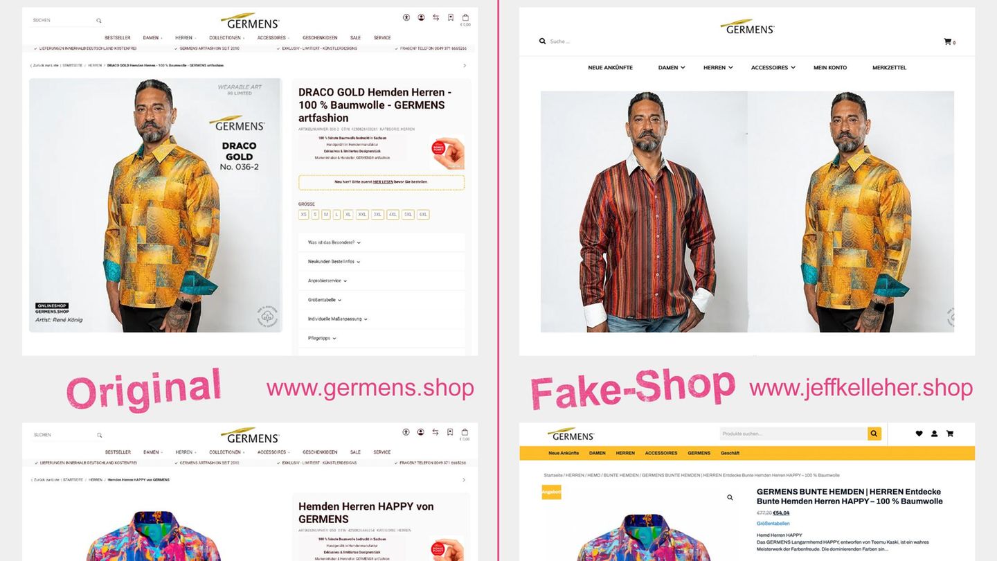 Nicht nur Markenprodukte werden kopiert, sondern auch deren komplette Online-Shops. Das musste zum Beispiel das Chemnitzer Hemden-Label Germens erleben. Von Juli bis November 2025 waren zwei Fake-Shops online, die das Original samt Bildern, Texten und Logos einfach kopiert hatten. Nur die Preise waren niedriger, die Betrüger verlangten Vorkasse – und lieferten nie. Die Fake-Shops sind mittlerweile gelöscht, die Betreiber konnten nicht ermittelt werden.