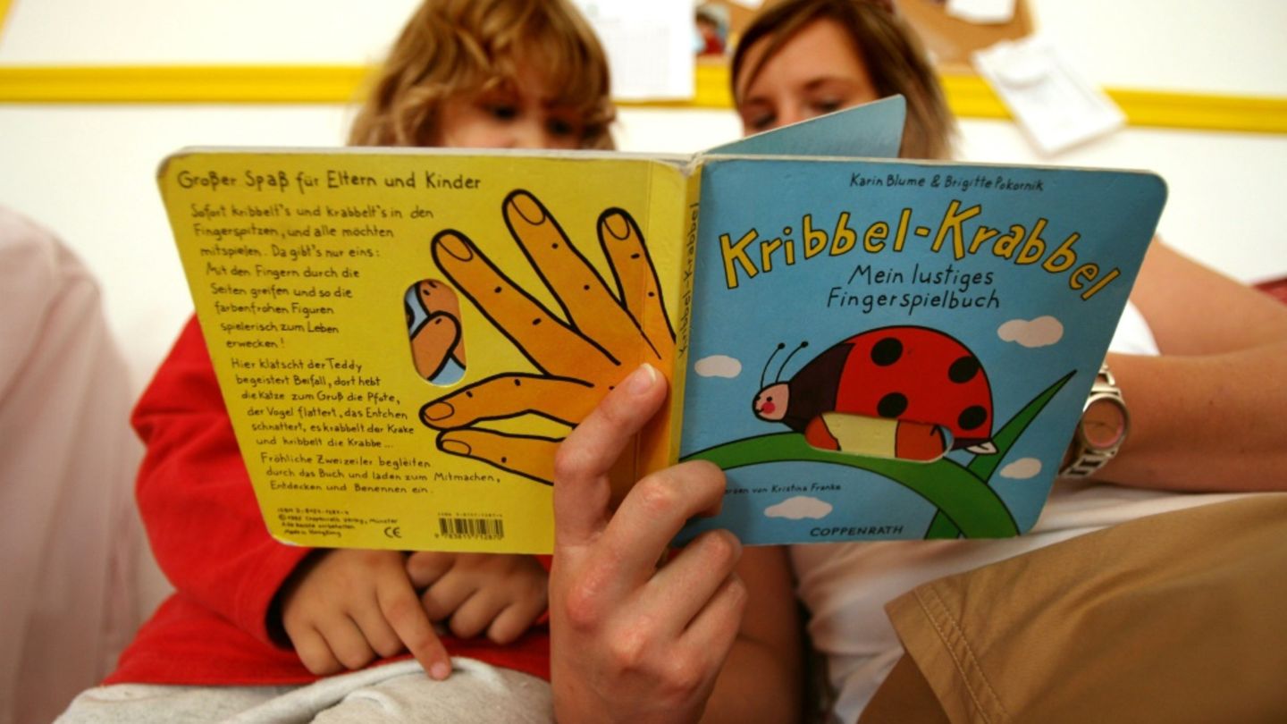 Kind und Betreuerin mit einem Buch