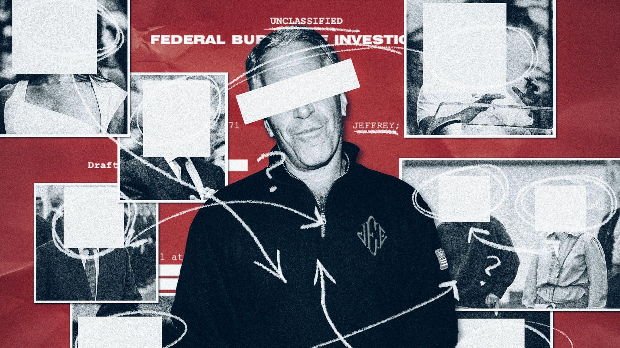 Montage: Jeffrey Epstein ist umringt von zensierten Fotos. Mit einem Stift wurde wirr darauf herumgemalt.