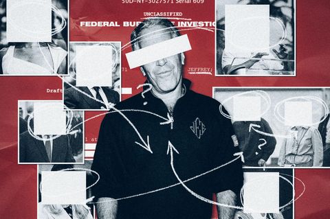 Montage: Jeffrey Epstein ist umringt von zensierten Fotos. Mit einem Stift wurde wirr darauf herumgemalt.