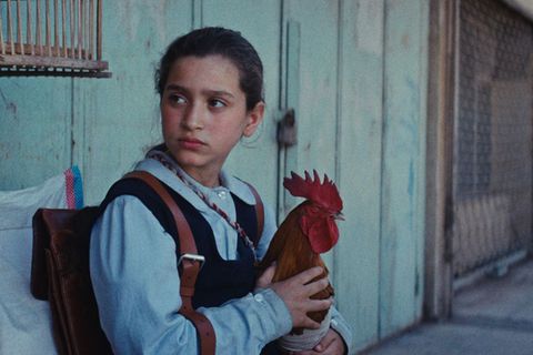 Lamia (Baneen Ahmed Nayyef) mit Hahn Hindi in einer Szene des Films "Ein Kuchen für den Präsidenten" (undatierte Filmszene). Fot
