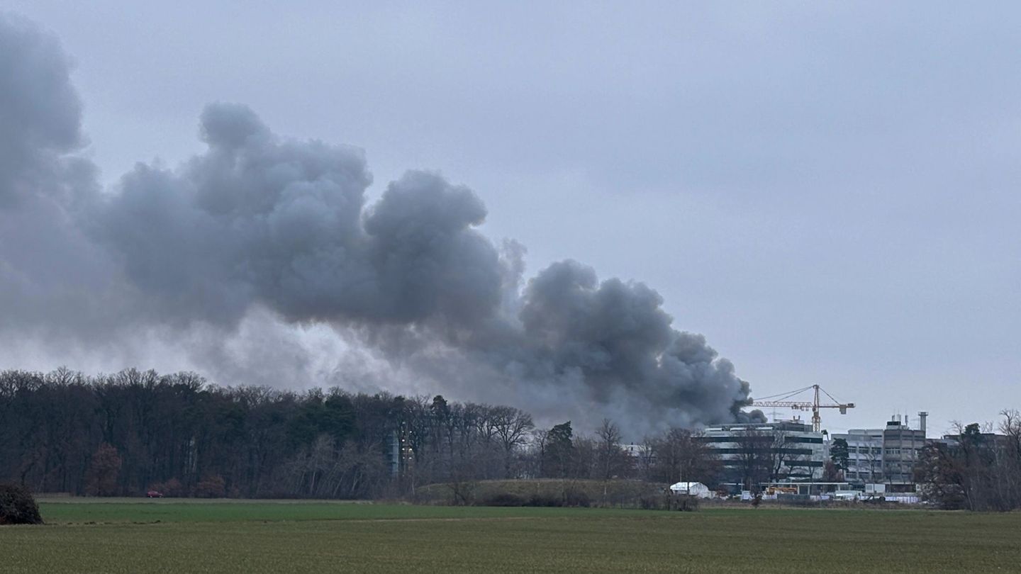 Die Rauchsäule des Brandes auf dem Gelände des GSI Helmholtzzentrums für Schwerionenforschung ist weithin zusehen. Foto: Mike Se