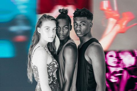 Montage: drei junge Menschen stehen nebeneinander, im Hintergrund verwischte Fotos (Symbolbild Jugend und Porno)