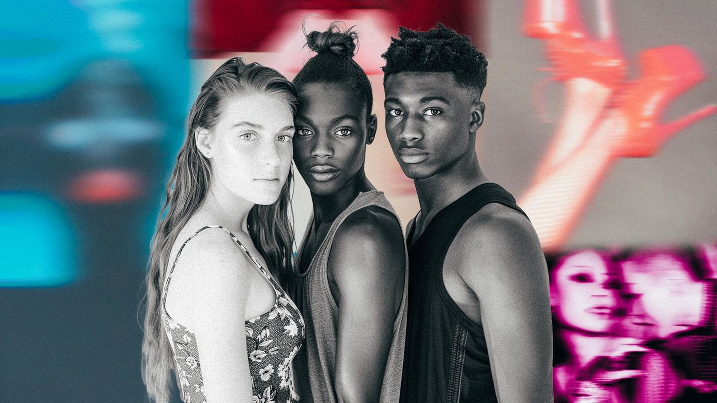 Montage: drei junge Menschen stehen nebeneinander, im Hintergrund verwischte Fotos (Symbolbild Jugend und Porno)