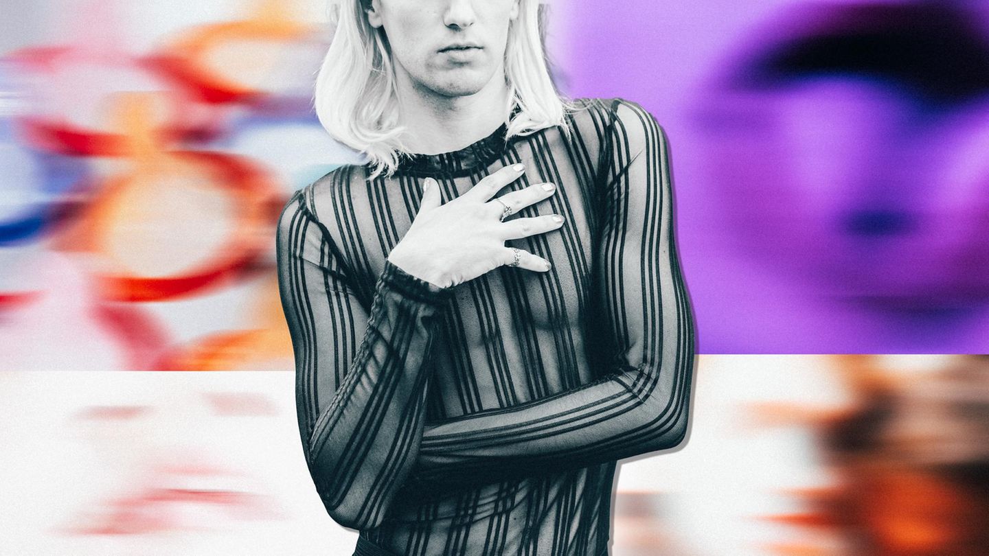 Montage: ein androgyner Mann steht da und berührt sich (Symbolbild zum Thema Gen Z und Sex)