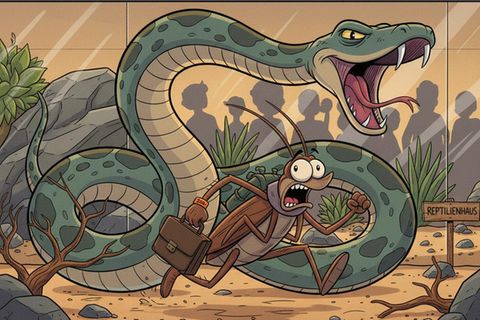 KI-Zeichnung, wie eine Schlange eine anthropomorphe Kakerlake jagt