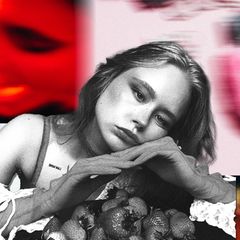 Montage: Sex-Influencerin Marie Joan mit Samthandschuhen, den Kopf darauf abgetützt