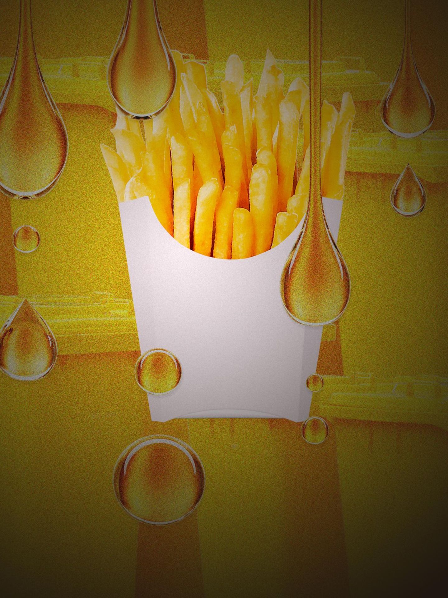 Montage zeigt eine Pommestüte und Tropfen von Frittierfett vor gelben Tonnen