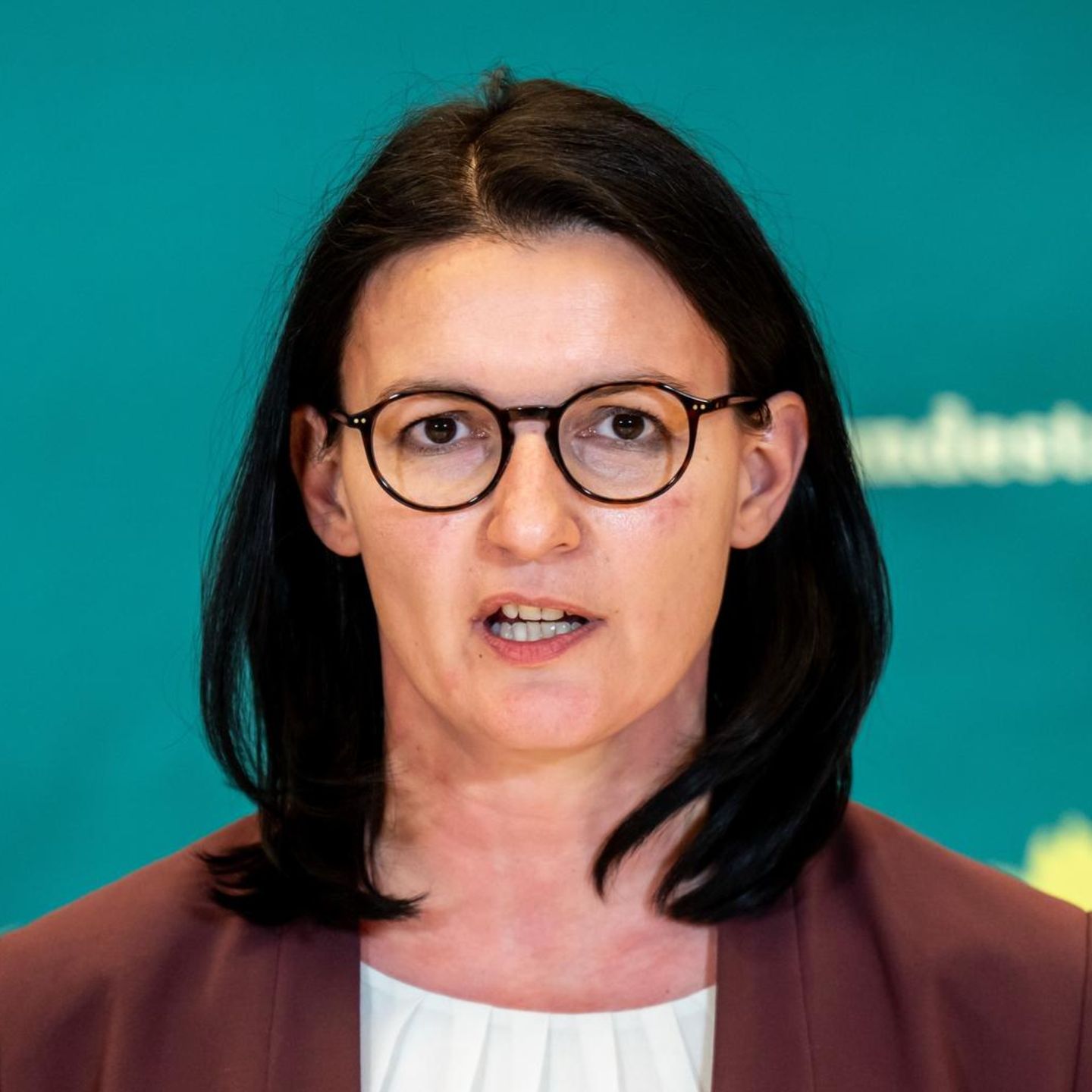 Irene Mihalic spricht vor einer grünen Wand mit dem Sonnenblumen-Logo der Grünen