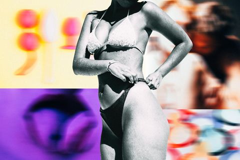 Kollage: eine anonyme Frau im Bikini. und im Hintergrund verschiedene bunte Fotos (Symbolbild zum Thema Jugend ohne Sex)