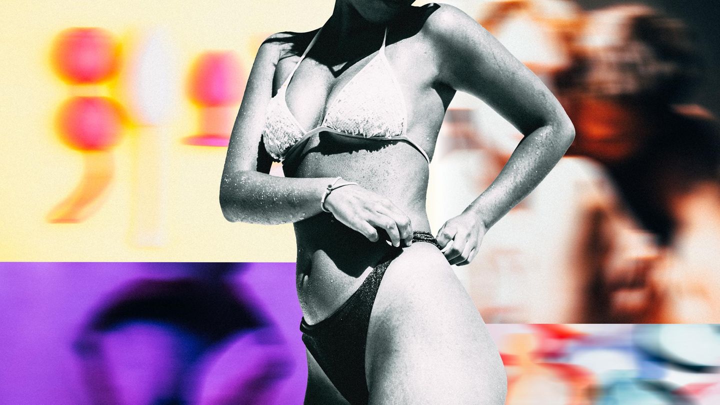 Kollage: eine anonyme Frau im Bikini. und im Hintergrund verschiedene bunte Fotos (Symbolbild zum Thema Jugend ohne Sex)