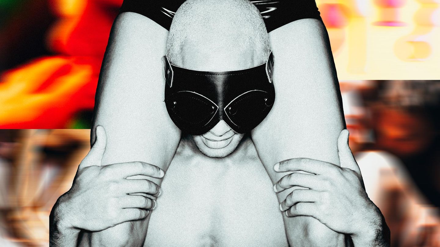 Montage: Ein Mann mit Augenbinde hat eine Person auf den Schultern, im Hintergrund verschwommene Fotos (Jugend ohne Sex)