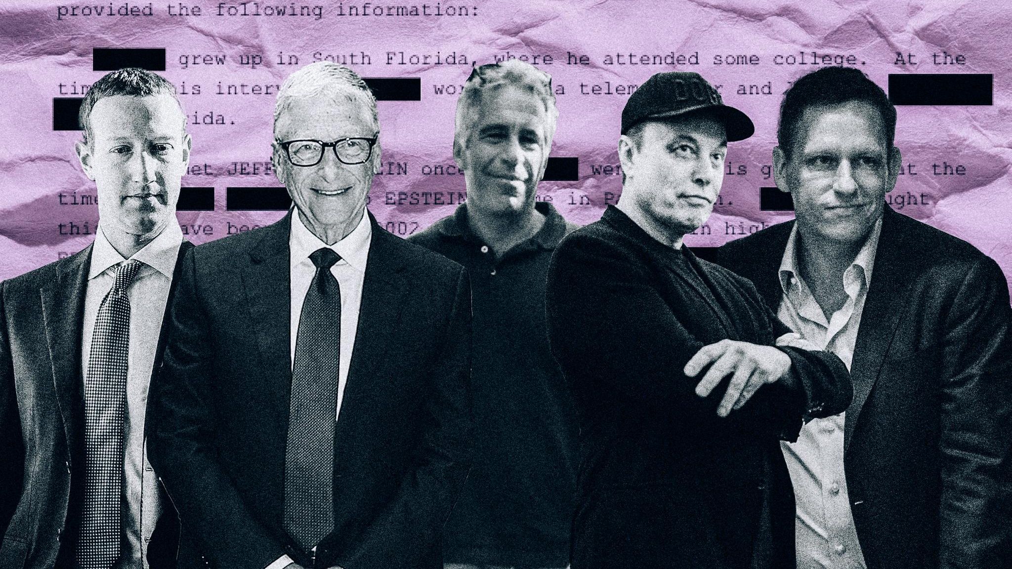Eine Parallelgesellschaft der Superreichen: Mark Zuckerberg, Bill Gates, Jeffrey Epstein, Elon Musk, Peter Thiel