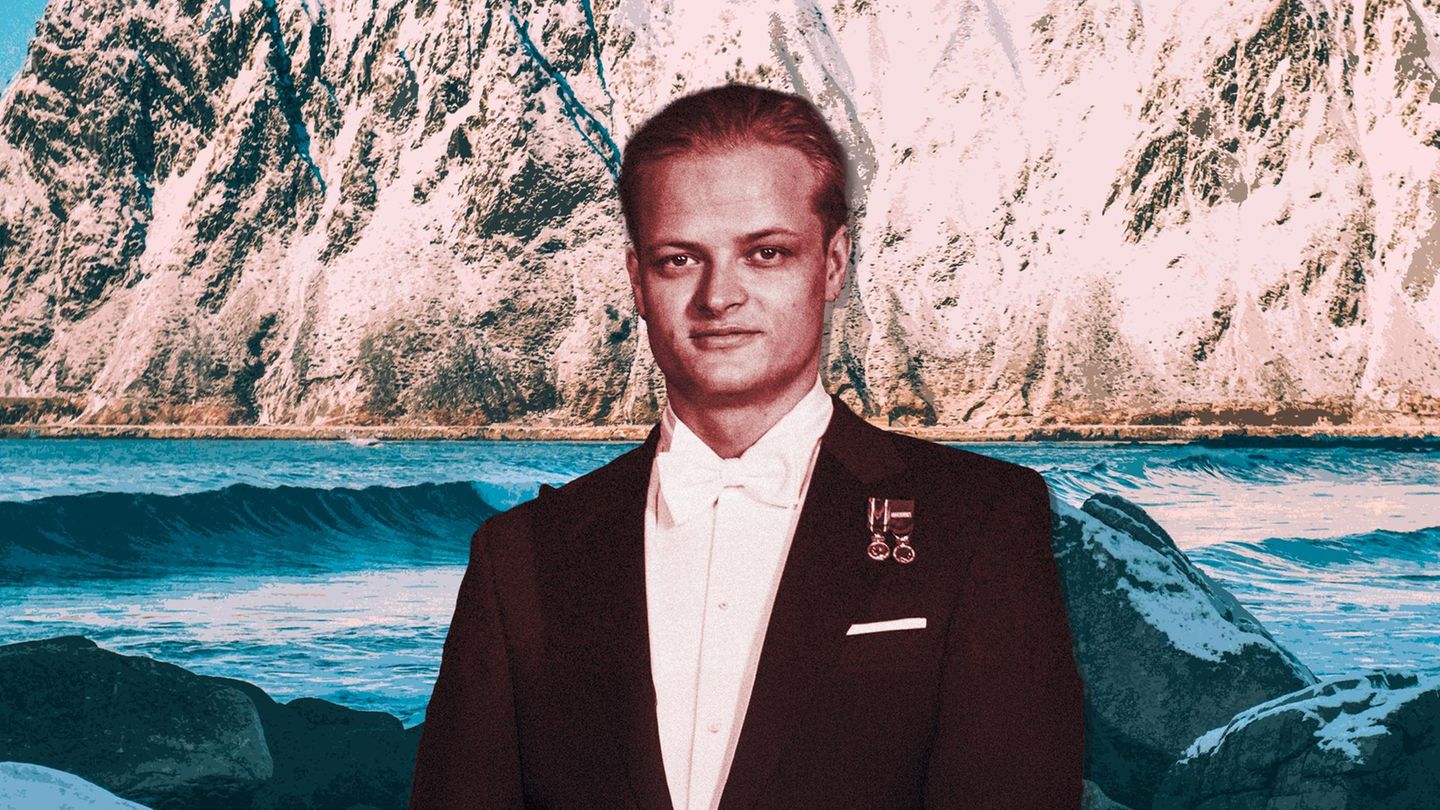 Kollage: Lofoten im Hintergrund und Marius Borg Høiby im Anzug im Vordergrund