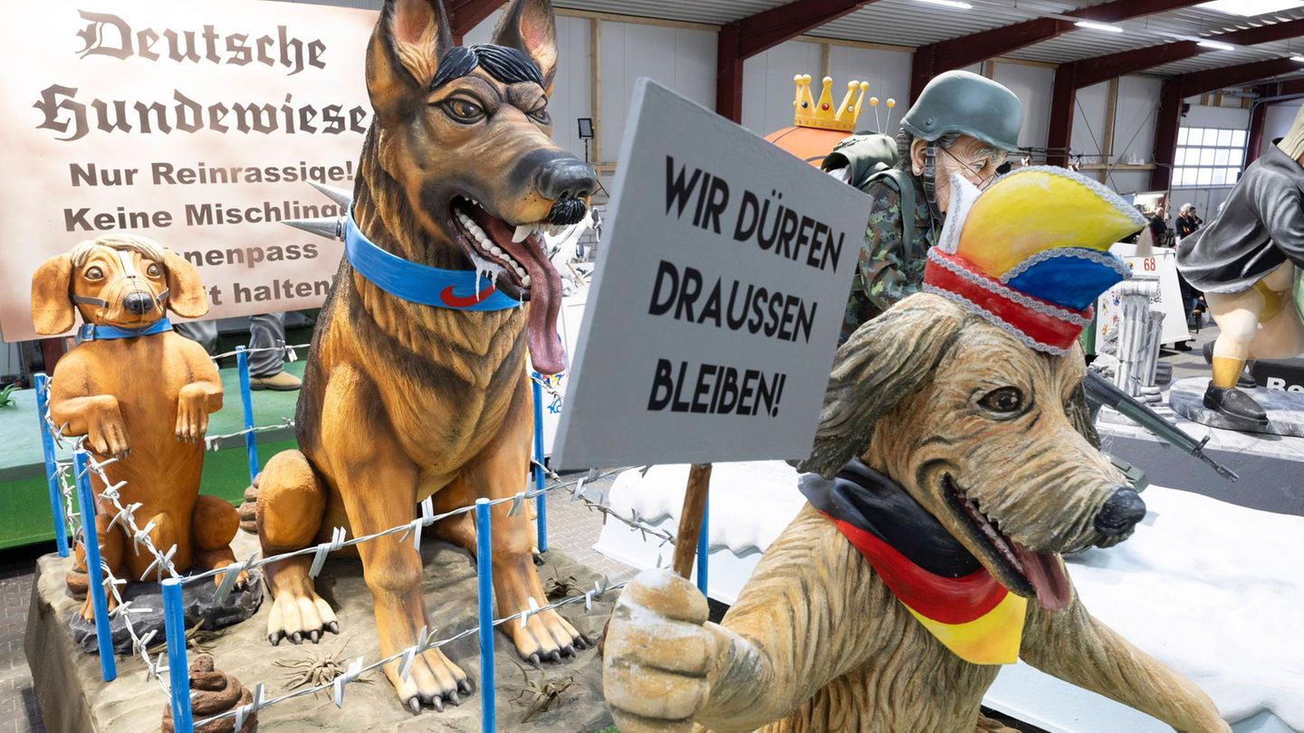 Motivwagen: Wiese mit aggressiven Hunden mit AfD-Halsband, Hund mit Karnevalshut und Schild "Wir dürfen draußen bleiben" davor