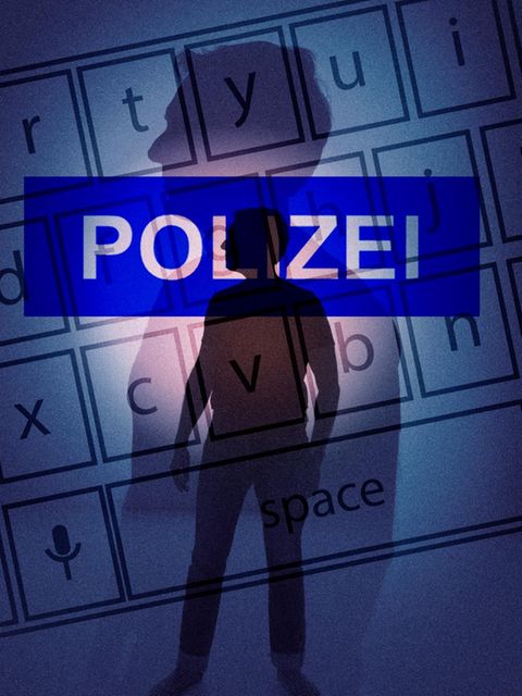 Collage mit Personen im Schatten, Tastatur und Polizei-Emblem Thema Missbrauch