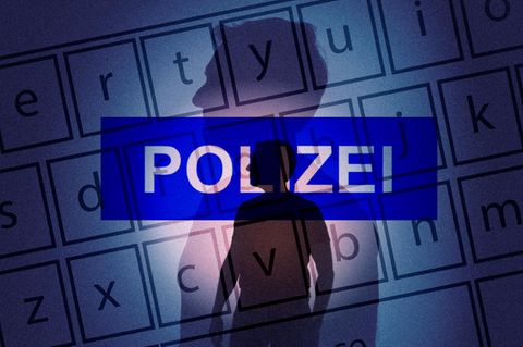 Collage mit Personen im Schatten, Tastatur und Polizei-Emblem Thema Missbrauch