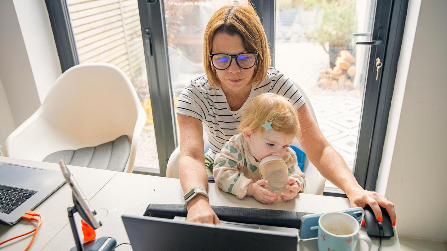 Einkommensteuer: Das Bild zeigt eine Mutter mit Kind vor Computer