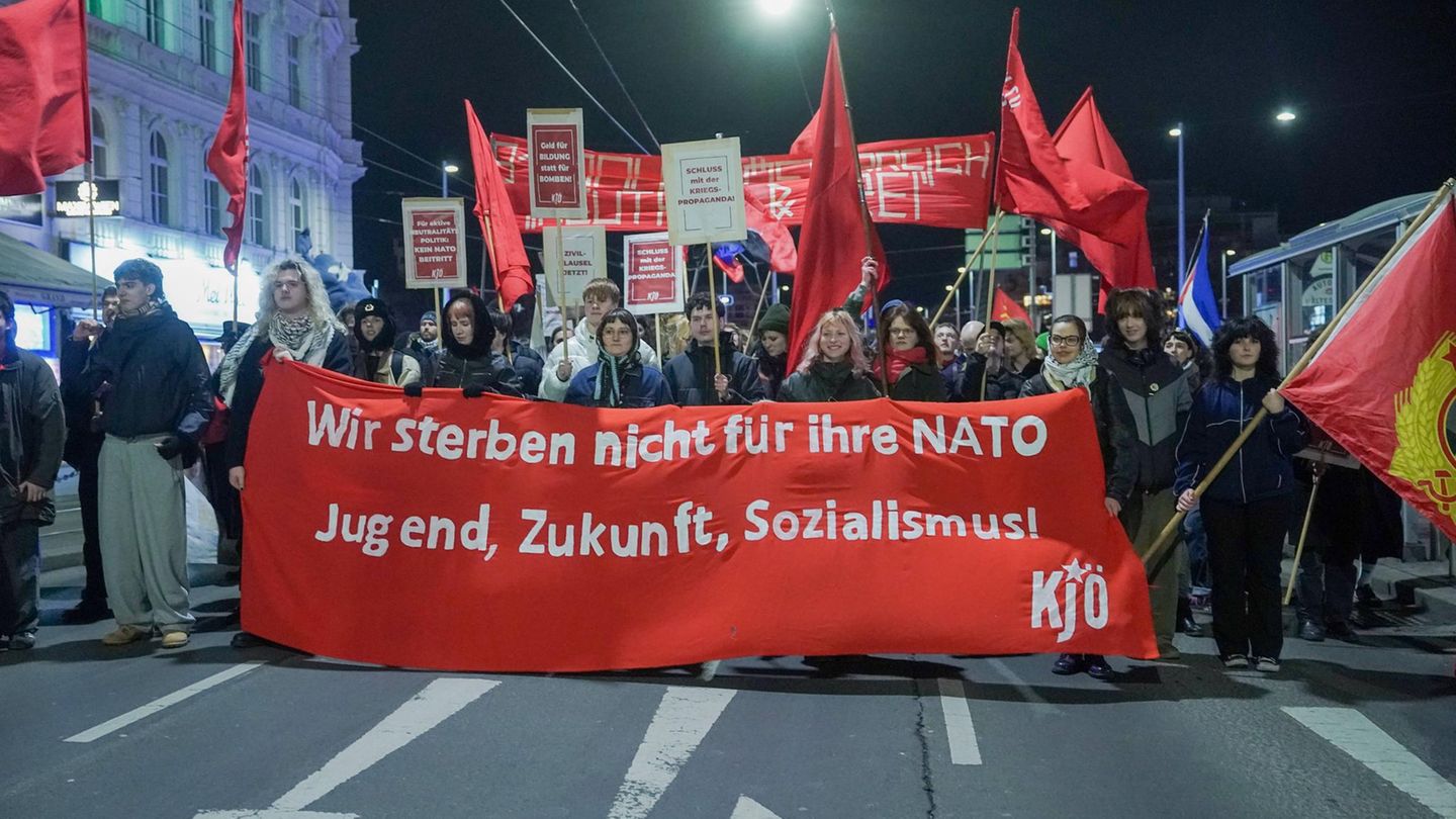 Draußen vor den Türen demonstriert derweil Österreichs Kommunistische Jugend.