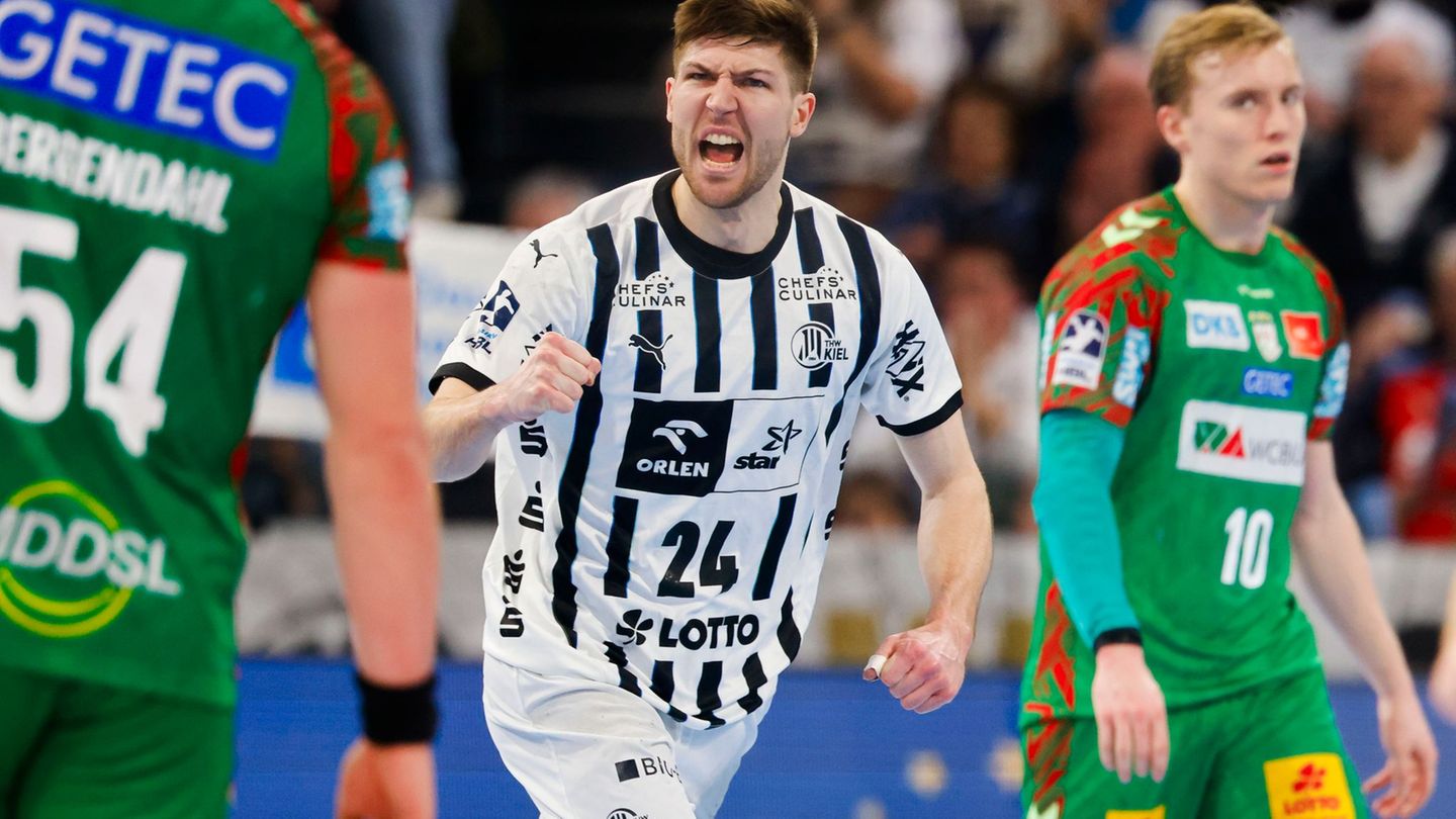 Kiels Lukas Zerbe (M) bejubelt einen seiner Treffer. Foto: Frank Molter/dpa