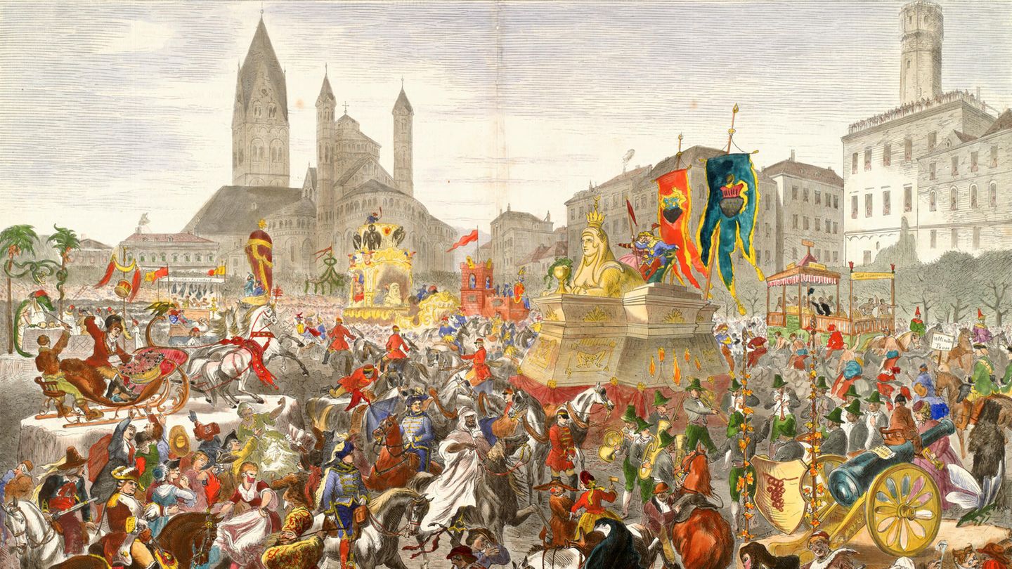 Historische Darstellung des Kölner Karnevals 1870: Bunt gekleidete Bürger feiern