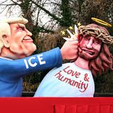 Die hochumstrittene US-Bundesbehörde ICE gegen „Love & Humanity“ – dargestellt durch US-Präsident Trump, der dem nächstenliebenden Jesus ins Gesicht schlägt.