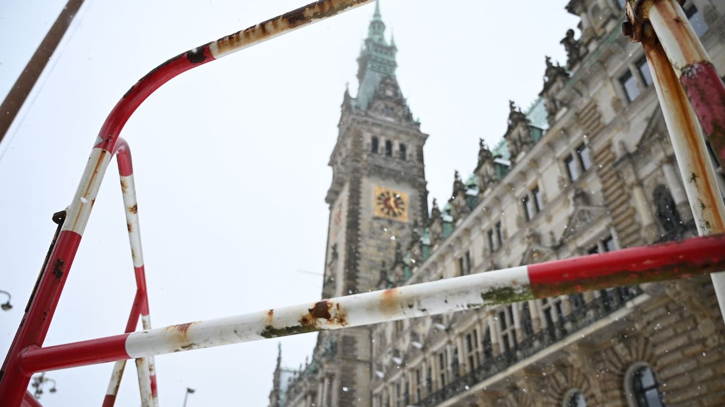 Nach dem Absturz eines Fassadenteils wurde um das Hamburger Rathaus ein Sicherheitsbereich abgesperrt. Foto: Daniel Bockwoldt/dp