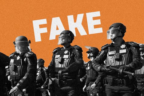 Eine Montage mit ICE-Beamten und dem Wort "Fake" im Hintergrund