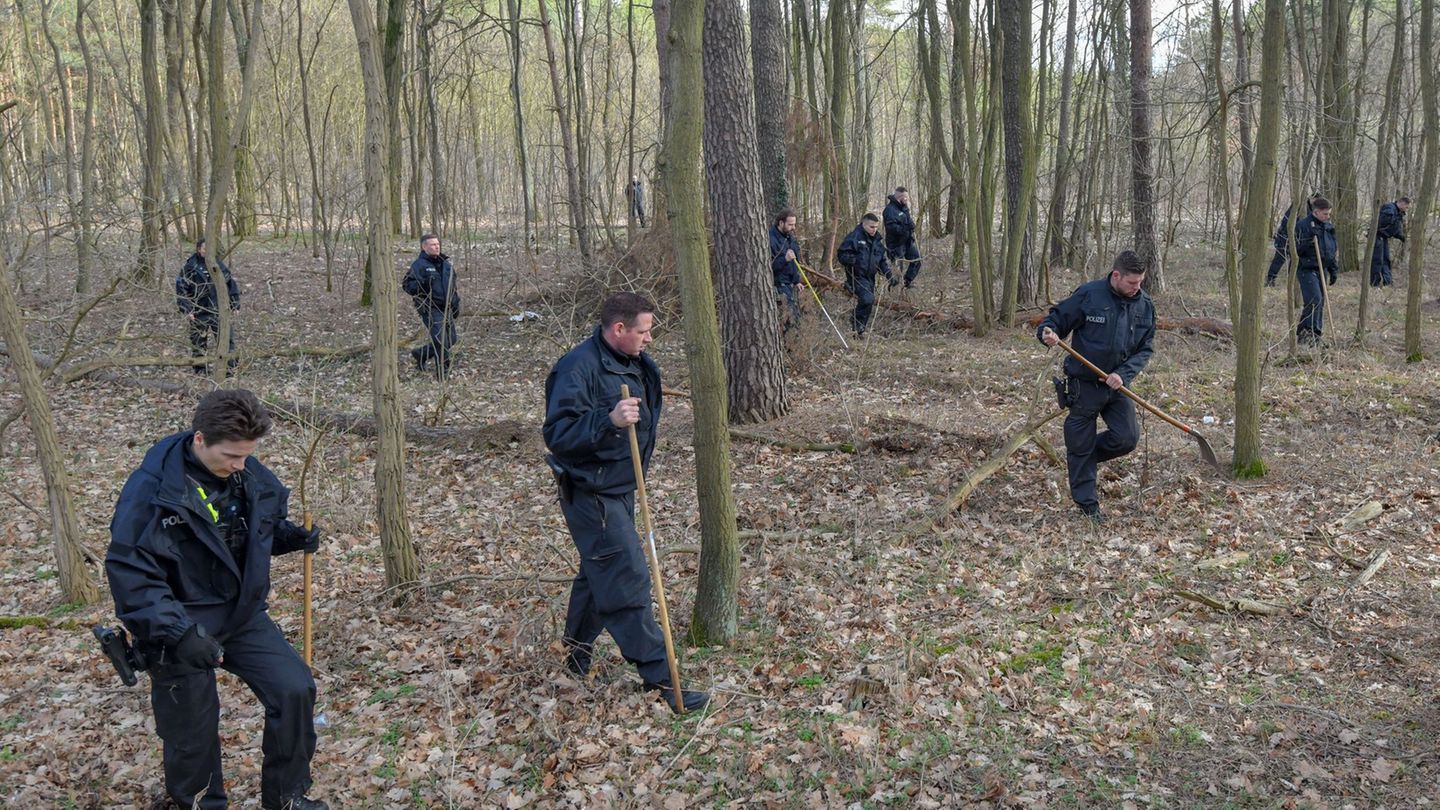 Polizisten durchkämmen 2019 einen Wald auf der Suche nach der verschwundenen Rebecca. (Archivbild) Foto: Patrick Pleul/dpa-Zentr