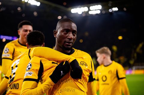 BVB-Stürmer Serhou Guirassy jubelt über seinen Treffer zum 1:0 im Champions-League-Spiel gegen Atalanta Bergamo