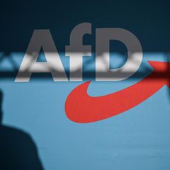 Ein Redner wirft einen Schatten auf die Bühnenrückwand mit AfD-Schriftzug auf einer Veranstaltung