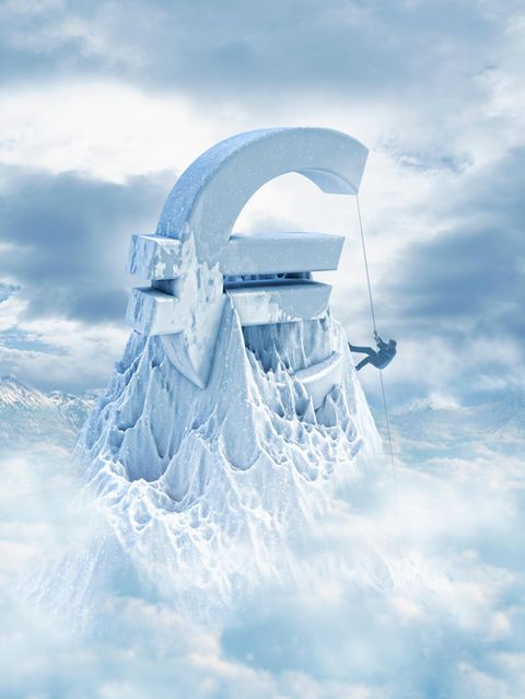 Grafik: Ein Angestellter erklimmt einen Euro-Geformten Eisberg