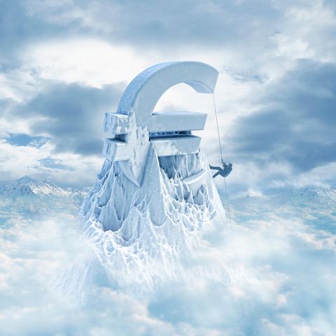 Grafik: Ein Angestellter erklimmt einen Euro-Geformten Eisberg