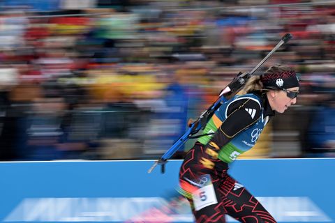 Zu oft nur nah dran: Franziska Preuß gewann bislang keine Einzel-Medaille in Antholz. Foto: Hendrik Schmidt/dpa