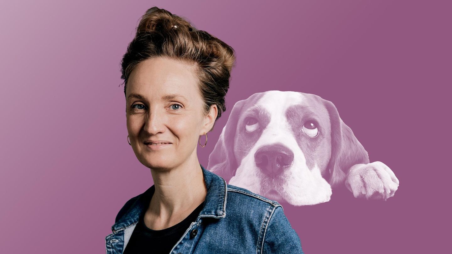 Autorin Helen Bömelburg mit Haustier, in einer Kollage mit einem schlappohrigen Hund