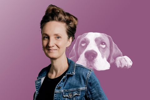 Autorin Helen Bömelburg mit Haustier, in einer Kollage mit einem schlappohrigen Hund