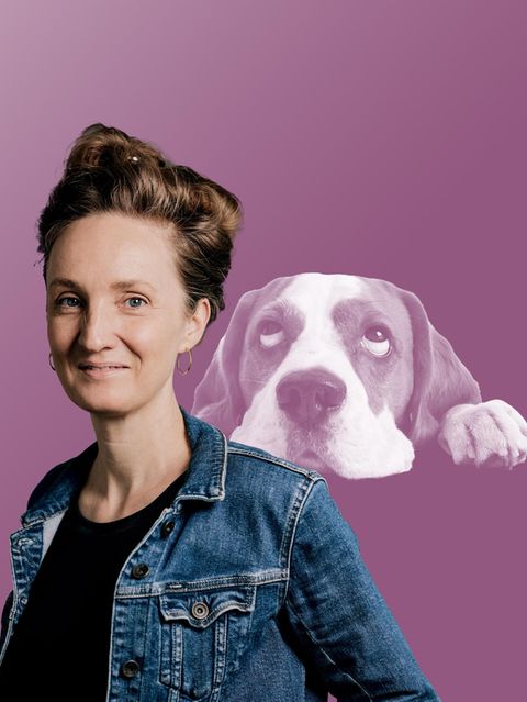 Autorin Helen Bömelburg mit Haustier, in einer Kollage mit einem schlappohrigen Hund