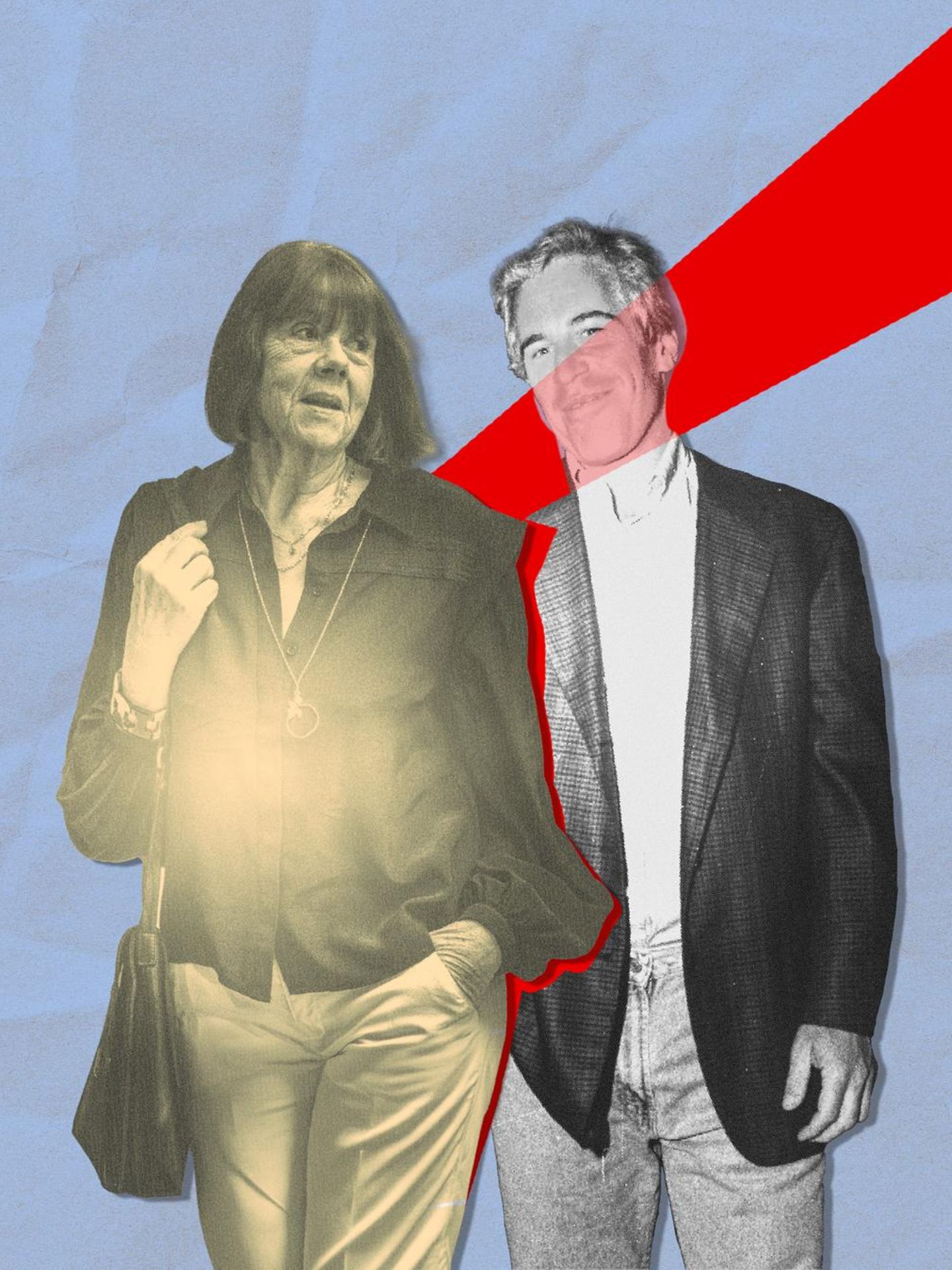 Montage: Pelicot und Epstein stehen nebeneinander, ein roter Strich läuft über Epsteins Gesicht und umrahmt Pelicot