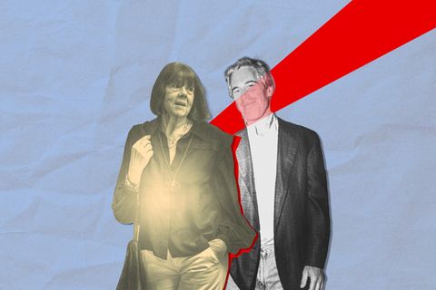 Montage: Pelicot und Epstein stehen nebeneinander, ein roter Strich läuft über Epsteins Gesicht und umrahmt Pelicot