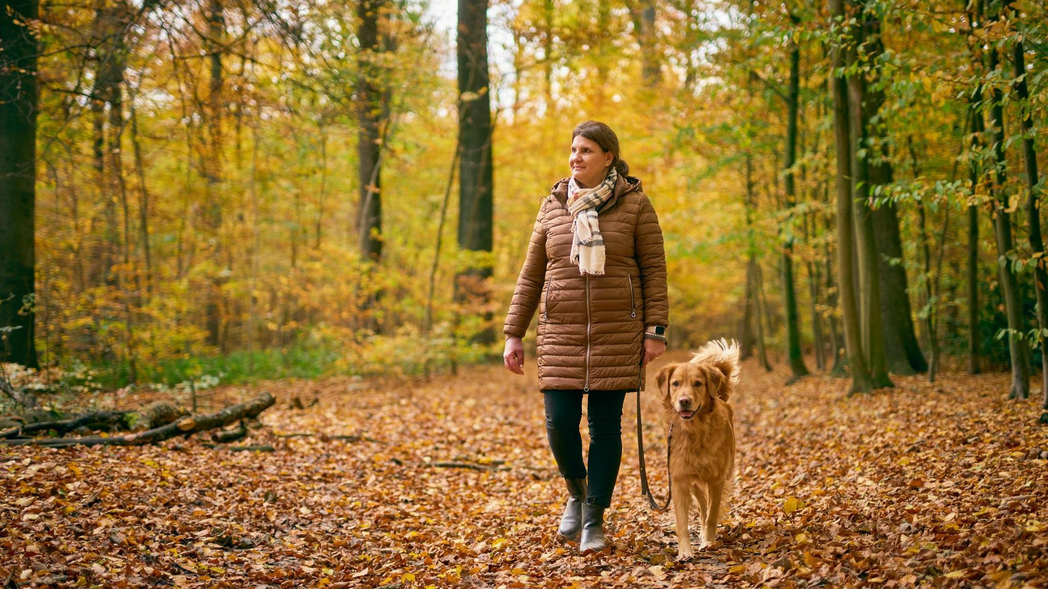 Frau mit Hund im Wald