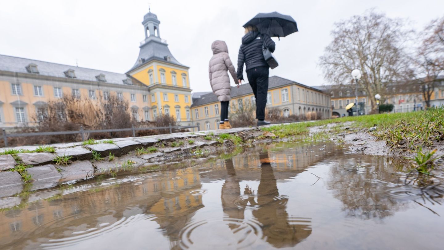 Pfützen und Regenschirm: Auch in den kommenden Tagen müssen sich die Menschen in NRW auf Regen einstellen. Foto: Benjamin Westho