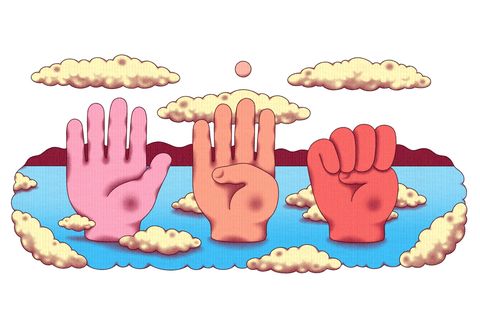 Illustration zeigt drei Hände, die das internationale Zeichen für Hilfebedarf zeigen