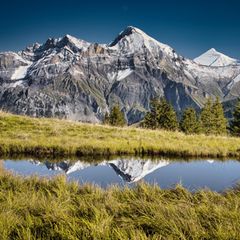Simmental Kulisse mit Berglandschaft und einem kleinen See davor