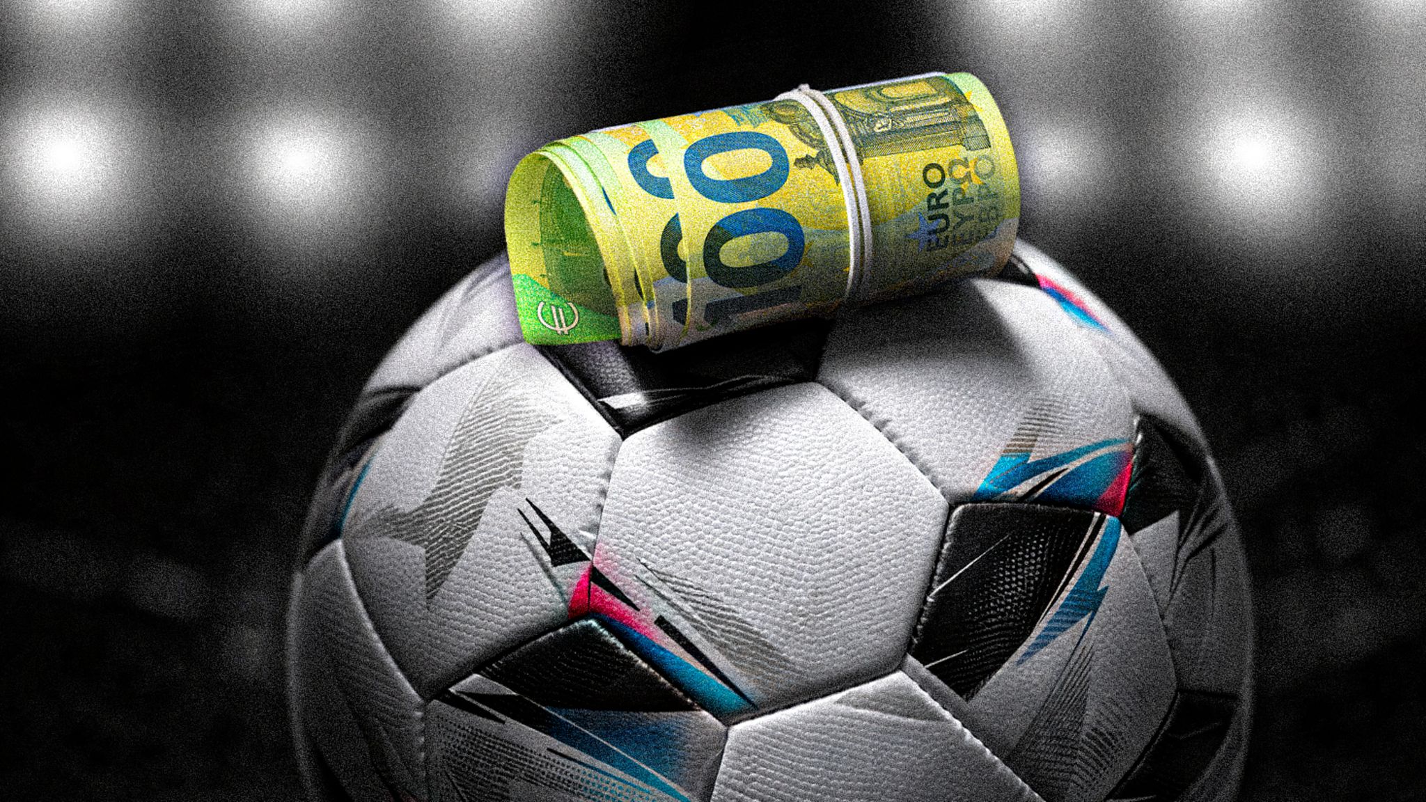 Ein Fussball, auf dem ein Geldbündel liegt und Sportwetten symbolisieren soll