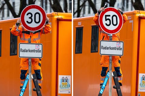 Die Mitarbeiter des Baureferats haben inzwischen eine gewisse Routine beim Schildwechsel an der Landshuter Allee. (Archivbild) F
