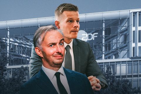 Montage zeigt Jan Böhmermann und Manuel Ostermann vor einem ZDF-Gebäude
