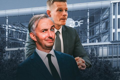 Montage zeigt Jan Böhmermann und Manuel Ostermann vor einem ZDF-Gebäude