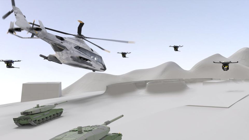 Eine Computergrafik eines Hubschraubers, der zusammen mit kleinen Drohnen fliegt