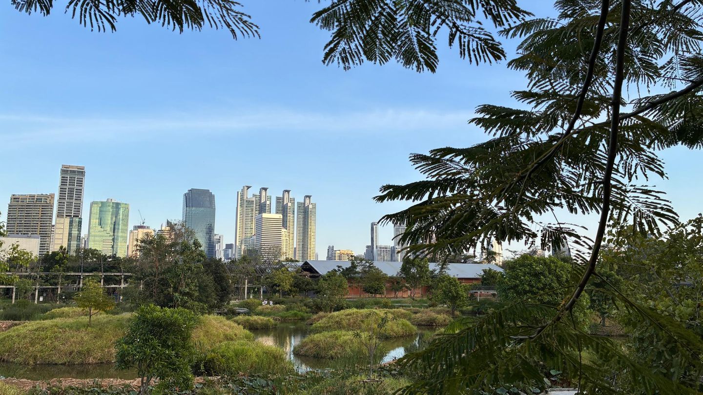 Benjakitti-Park im Bangkok mit Skyline